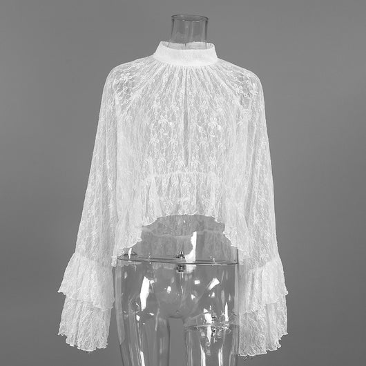 Blusa de Trabajo Blanca con Encaje Jacquard y Cuello Alto - Image 7