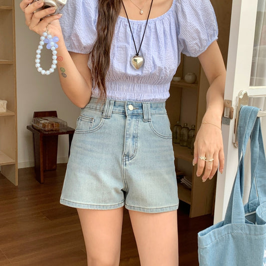 Shorts Denim Cintura Alta Elástico en Cuatro Lados Tonos Claros