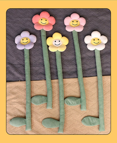 Plush white sunflower curtain buckle with a yellow smiley face center and green stem, holding back a dark green curtain. - Image 20