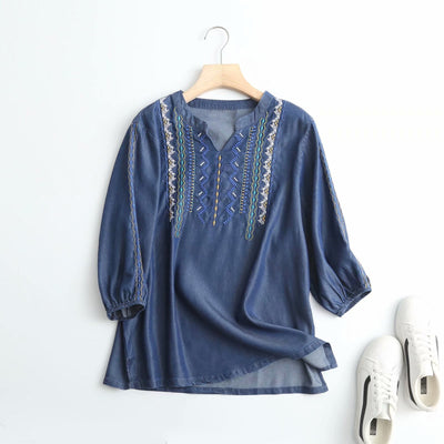 Camisa Denim Tencel con Escote V y Bordados para Primavera - Image 9