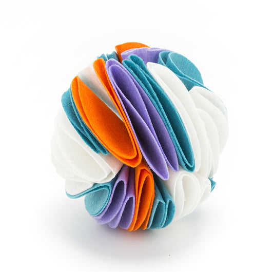 Colorful felt cloth snuffle ball for pets, featuring folded fabric strips in red, orange, yellow, green, blue, and purple. - Image 9
