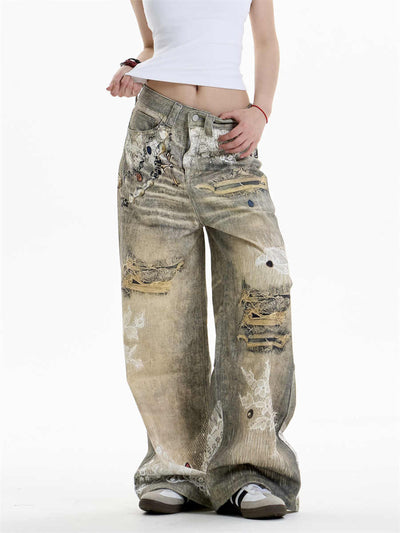 Pantalones Vaqueros Estampado Cruzado Mujer Pierna Ancha - Image 6