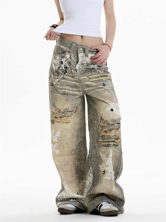 Pantalones Vaqueros Estampado Cruzado Mujer Pierna Ancha - Image 6