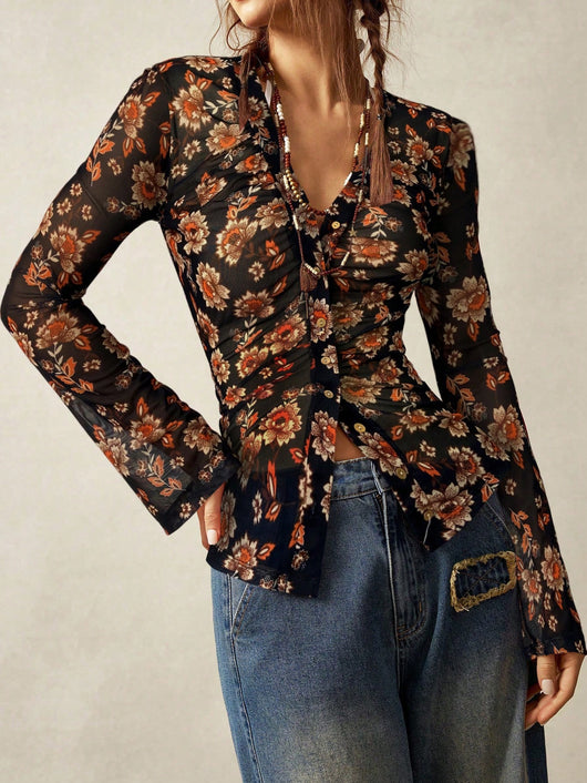 Blusa Estampada Slim Fit Retro para Mujer - Diseño Europeo Elegante - Image 7