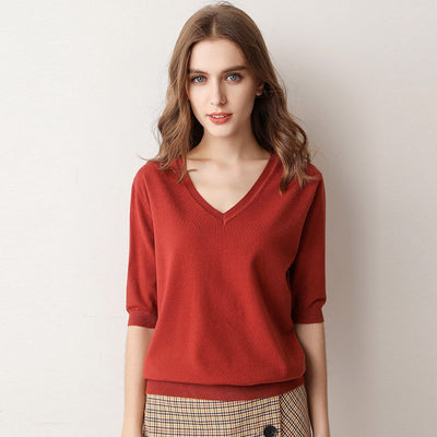 Suéter Tejido Cuello V Manga Corta para Mujer - Image 11