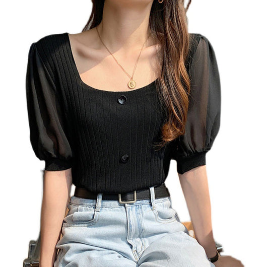 Blusa Tejida con Cuello Cuadrado y Mangas Combinadas - Image 4