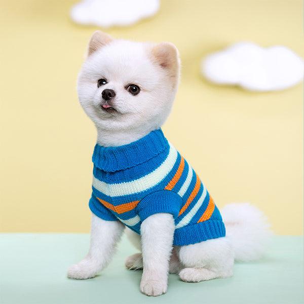 Suéter Tejido Floral a Rayas para Mascotas con Cuello Solapa y Cierre Elástico