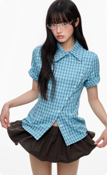 Camisa Cuadriculada Manga Corta Efecto Reductor para Mujer - Image 11