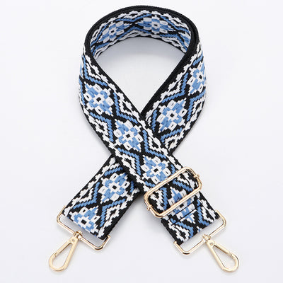 Yellow and white ethnic style patterned canvas bag strap with gold-toned adjustable buckle and swivel snap hooks. - Image 19