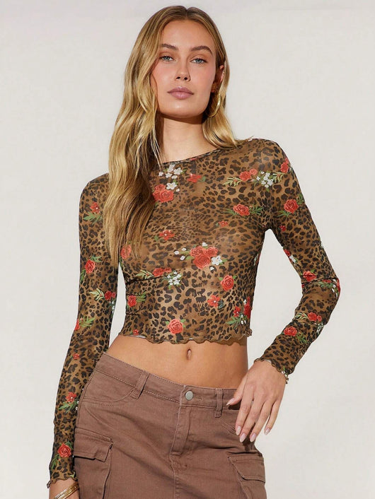 Blusa Estampado Leopardo y Flores Malla Cuello Redondo Manga Larga - Image 6