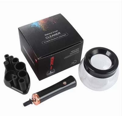 Black electric makeup brush cleaner set with a clear bowl, a handheld device, and a base with multiple brush holders. - Image 5