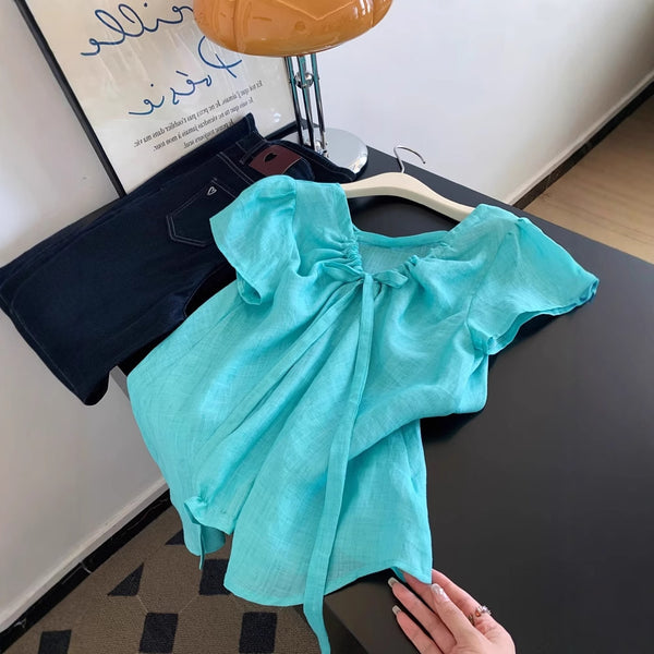 Blusa Ramie Azul Cuello V Manga Corta - Lujo Minimalista para Mujer