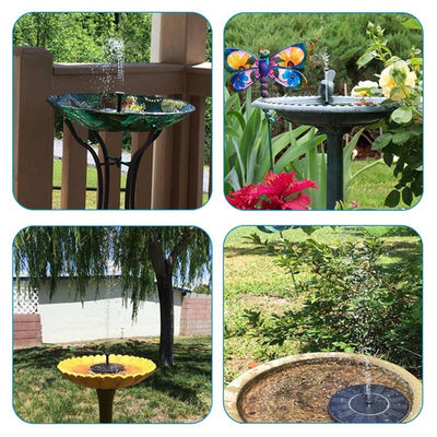5W solar fountain kit with black solar panel on a ground stake, water pump, coiled hose, and various nozzles. - Image 16