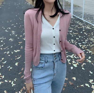 Cardigan Tejido Falsa Dos Piezas Mujer Cuello V Manga Larga - Image 7