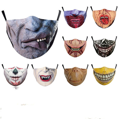 Halloween funny horror face dust mask with a scary clown print, red nose, wide red lips, and yellowed teeth.