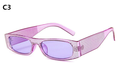 Yellow rectangular sunglasses with clear rhinestone-studded frames and matching yellow lenses. - Image 7