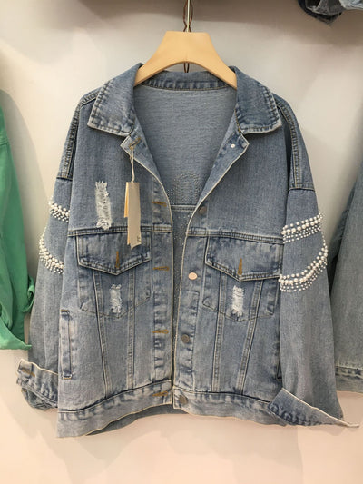 Chaqueta de Mezclilla con Detalles de Perlas