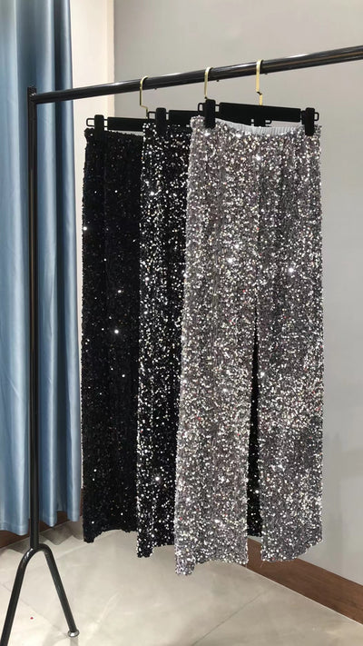 Pantalón Ancho Recto con Lentejuelas Alargado para Mujer - Image 10