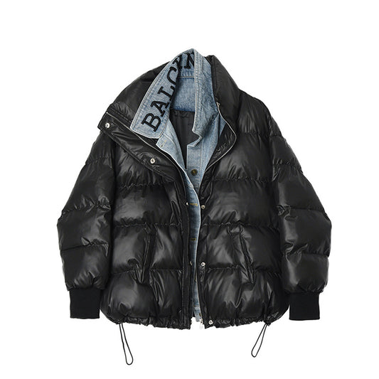 Chaqueta Denim Oversize Acolchada Negra con Costuras Sueltas