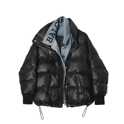 Chaqueta Denim Oversize Acolchada Negra con Costuras Sueltas