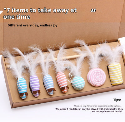 7-piece cat toy gift set with mouse, feather wands, and string-wrapped toys in a brown cardboard box. - Image 14