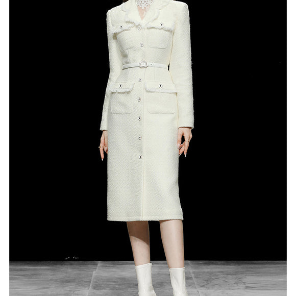 Abrigo de Lana Tweed Entallado Largo Medio para Mujer