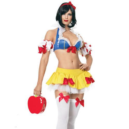 Adult Snow White-inspired costume with blue halter top, yellow ruffled mini skirt, white thigh-highs, and red bows. - Image 5