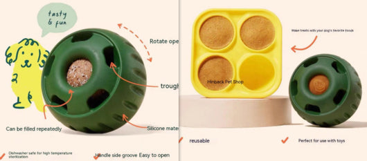 Green silicone dog treat dispensing toy ball next to a yellow silicone mold with three filled compartments. - Image 12