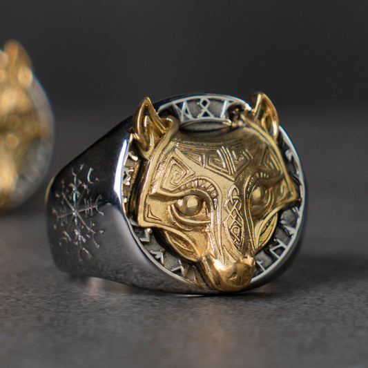 Anillo de Acero Titanio Cabeza de Lobo Vikingo Hip Hop Vintage para Hombre