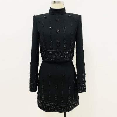 Conjunto de Vestido Corto Elegante con Incrustaciones de Diamantes - Dos Piezas - Image 3