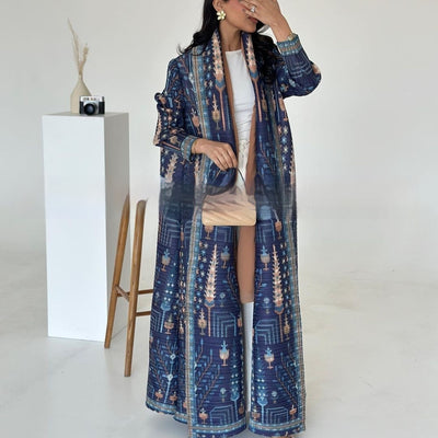 Cardigan Djellaba Étnico con Pliegues y Estampado - Capa Clásica de Moda - Image 16