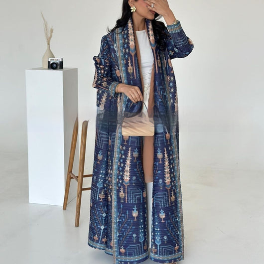 Cardigan Djellaba Étnico con Pliegues y Estampado - Capa Clásica de Moda - Image 16