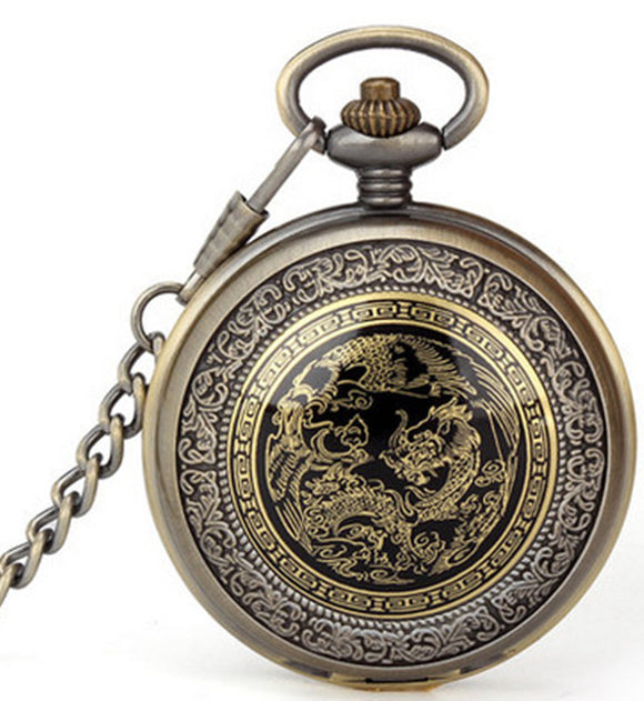 Reloj de Bolsillo Grande con Dragón y Fénix - Diseño Esmaltado para Prosperidad