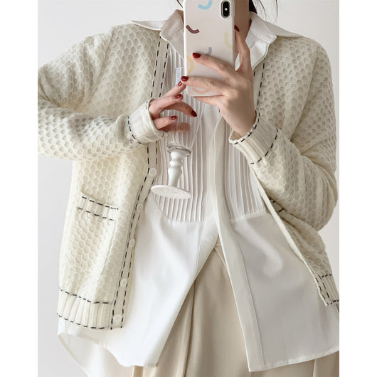 Cardigan Tejido de Lana Marfil con Contraste de Texturas