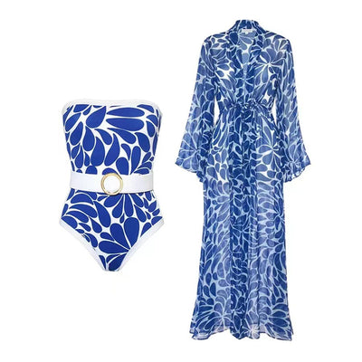 Woman in black and white floral print one-piece swimsuit with matching long-sleeved kimono cover-up and white belt. - Image 5