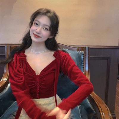 Blusa Roja Estilo Palacio Francés para Mujer - Otoño Invierno Ajustado - Image 10