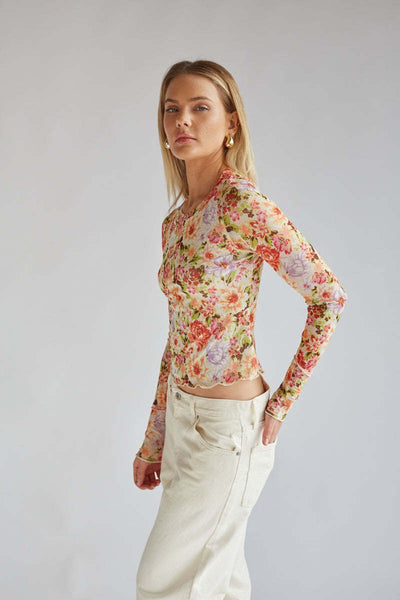 Blusa Elegante de Malla Floral Cuello Redondo Manga Larga Ajustada - Image 8