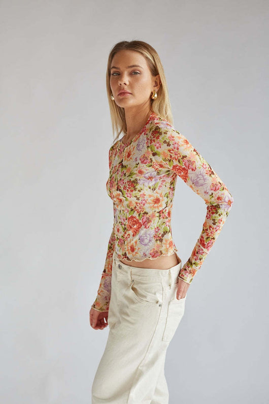 Blusa Elegante de Malla Floral Cuello Redondo Manga Larga Ajustada - Image 8