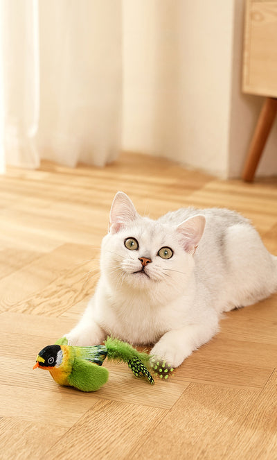 Colorful bird cat toy with green fluffy wings, black head, yellow face, orange beak, and spotted tail feathers. - Image 21
