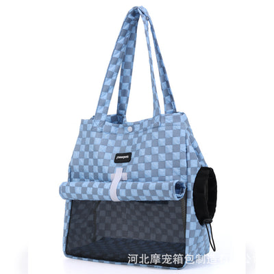 Blue and gray checkered soft pet carrier bag with mesh window and side opening for small cats or dogs. - Image 7
