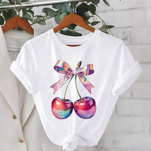 Blusa Cuello Redondo Manga Corta con Detalles de Cereza y Lazo
