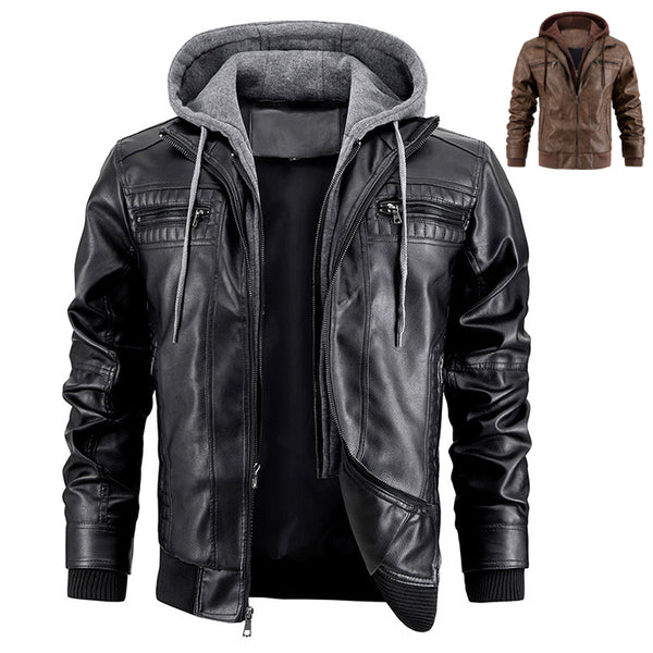 Chaqueta de Cuero PU con Capucha y Bolsillos con Cierre para Hombre