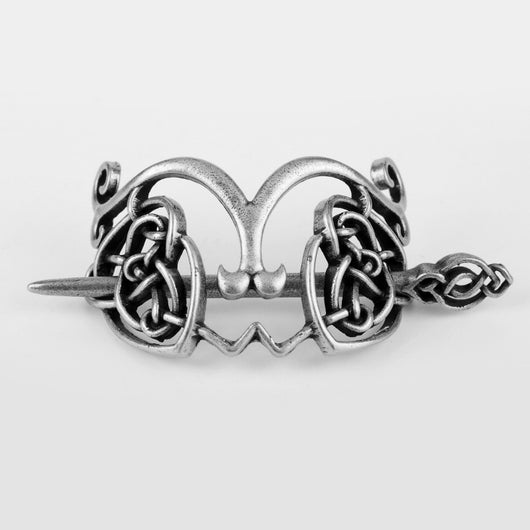 Silver metal hair clip with a retro dragon head and infinity knot design, secured by a plug-in hairpin. - Image 14