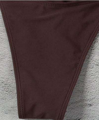 Simple women's brown separated swimwear with triangle top and thong bottom, featuring lace-up ties and light blue beads. - Image 13