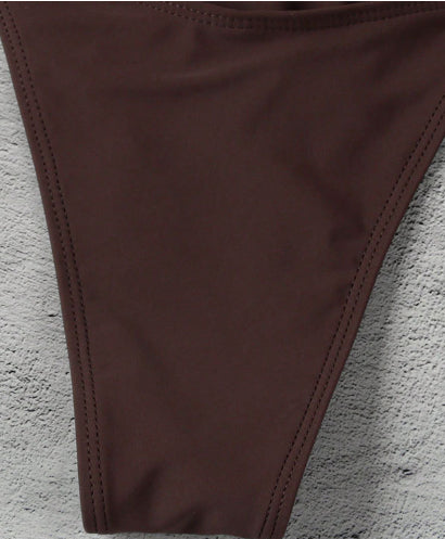 Simple women's brown separated swimwear with triangle top and thong bottom, featuring lace-up ties and light blue beads. - Image 13