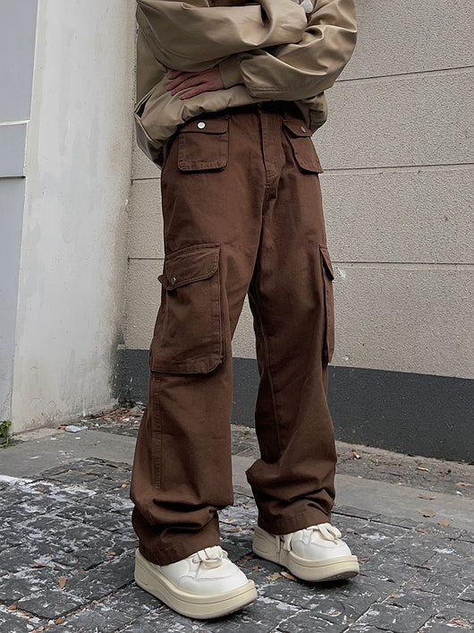 Pantalones Overol Retro Americano Marrón con Múltiples Bolsillos - Image 8