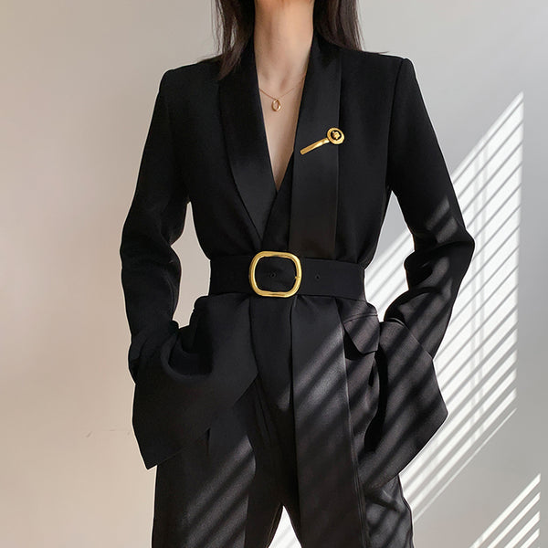 Blazer Retro Cintura Ajustada Estilo Hepburn Negro Francés