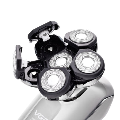 Six-in-one men's electric shaver kit with digital display, multiple interchangeable heads, comb attachments, and charging cable. - Image 5
