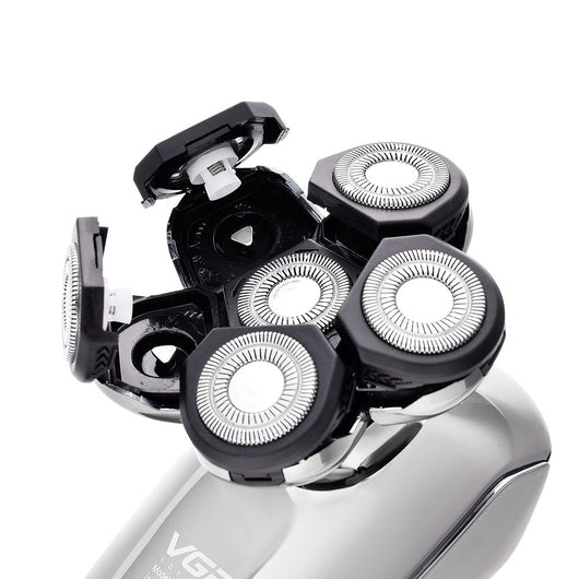 Six-in-one men's electric shaver kit with digital display, multiple interchangeable heads, comb attachments, and charging cable. - Image 5