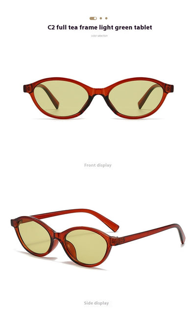 Retro fashion small frame sunglasses with translucent brown frames and yellow oval lenses, viewed from an angle. - Image 17